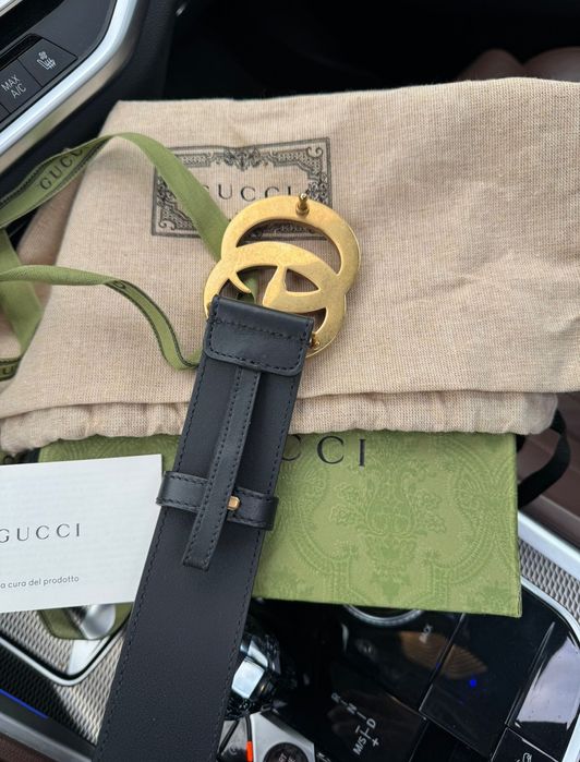 Curea originala Gucci Black Leather Belt With Perle Double G Buckle