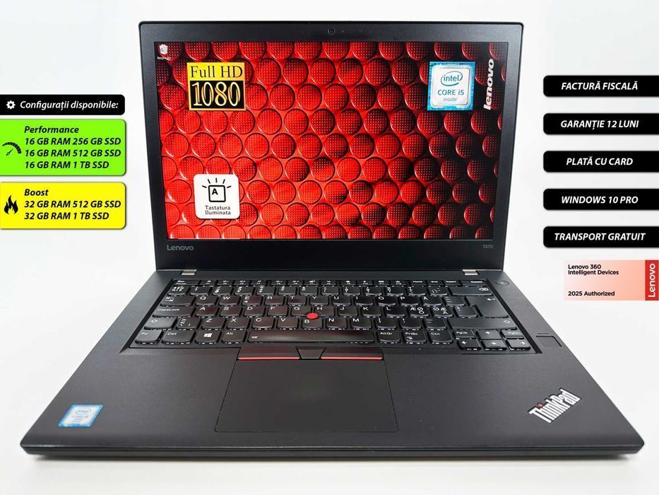 Laptop Lenovo Thinkpad T470 Intel i5 32 gb ram 256 gb ssd Ecran 14 inch Full HD Gama business Factura si Garantie 12 luni