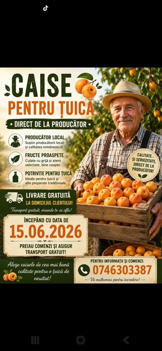 Vând caise de țuică sau pălincă dulci si zemoase începem dupa data de 01 06 2026 pentru comenzi sunați la Nr de tel 0️⃣7️⃣4️⃣6️⃣3️⃣0️⃣3️⃣3️⃣8️⃣7️⃣