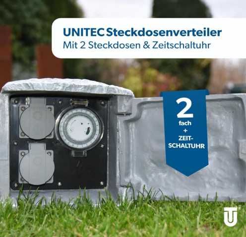 Градински контакт Unitec 44244, външен разклонител за градина с облицовка с имитация на камък, 2 гнезда и таймер