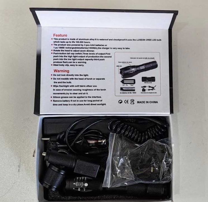 ПРОМОЦИЯ!!! Мощен LED ФЕНЕР със Стойка, Изнесен Спусък и Две Зарядни.