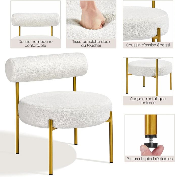 NOU Fotoliu plush, alb, picioare aurii