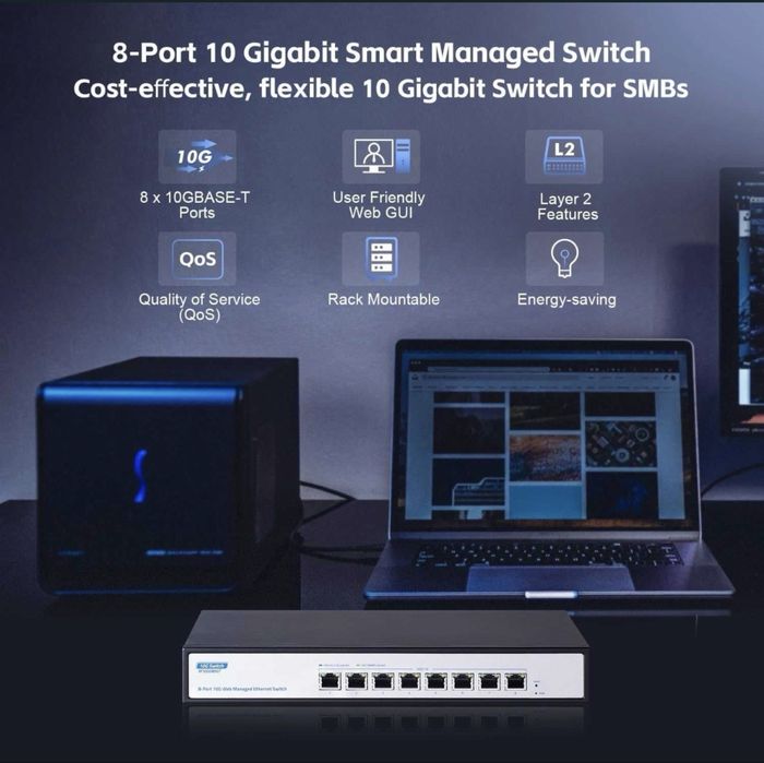 Switch retea 10G YuLinca M10G080GT RJ45 8 port gestionat,negociere automată Ethernet 10G/5G/2.5G/1000M,lățime bandă 160Gbps,suport LACP/QOS/VLAN/IGMP