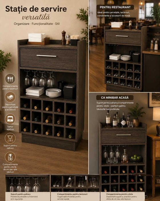 Comoda tip Minibar cu Suport de Sticle si Pahare; Dulapior pe rotile; Dulap ospatar; Receptie; Statie de servire chelner; Gheridon;