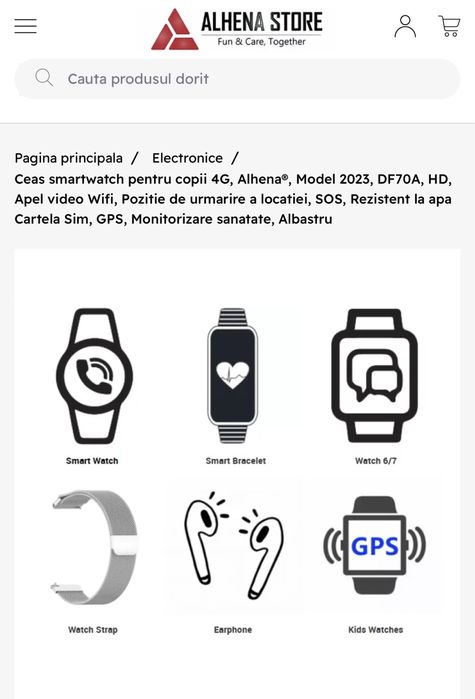 Ceas smartwatch pentru copii 4G, AlhenaModel, , HDApel video Wifi,