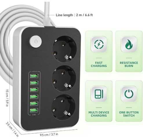 Мултифункционален USB разклонител за контакт 9в1 2метра