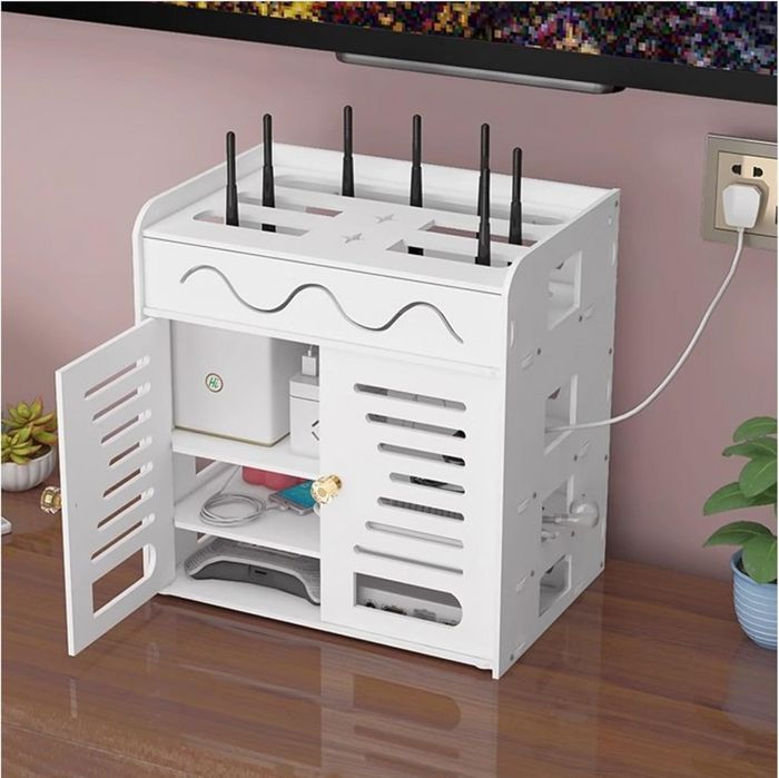 Органайзер шкаф за Wi-Fi рутер и кабели – 3 нива, бял дизайн