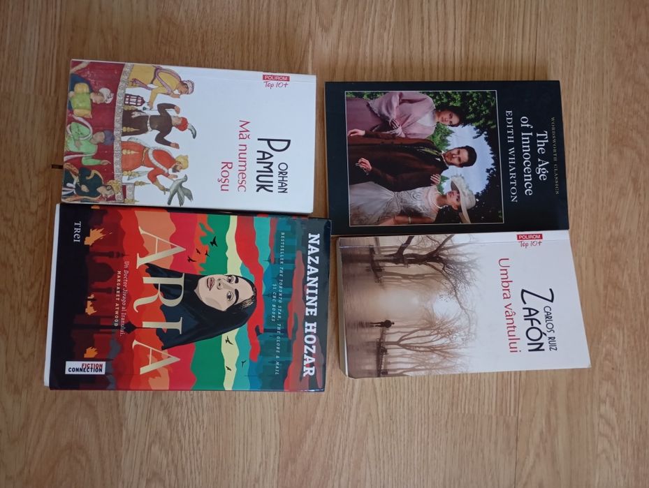 Aria de Nazanine Hozar, Umbra vântului  de Carlos Zafon, The age of innocence de Edith Wharton,  Mă numesc Roșu de Orhan Pamuk