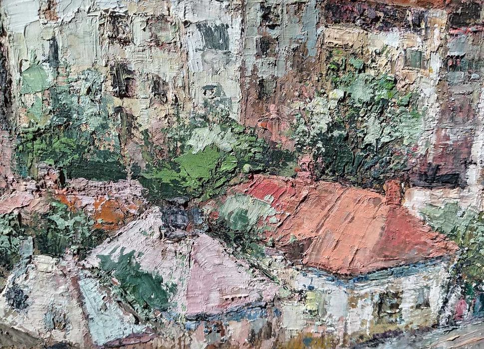 Tablou vechi - peisaj citadin - pictor roman