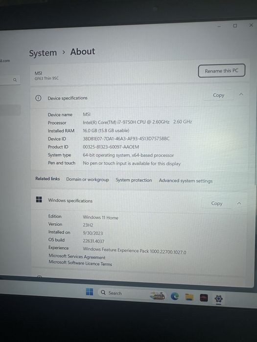 геймърски лаптоп MSI GF63 Thin 95C