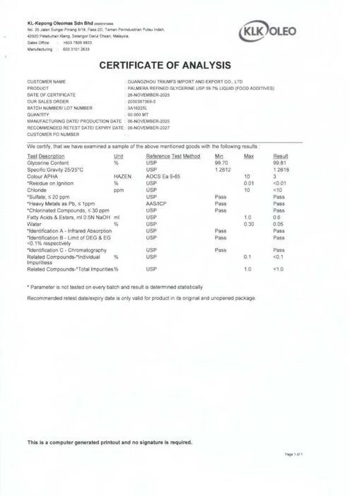 Malaysia oleo klk 99.7% green food