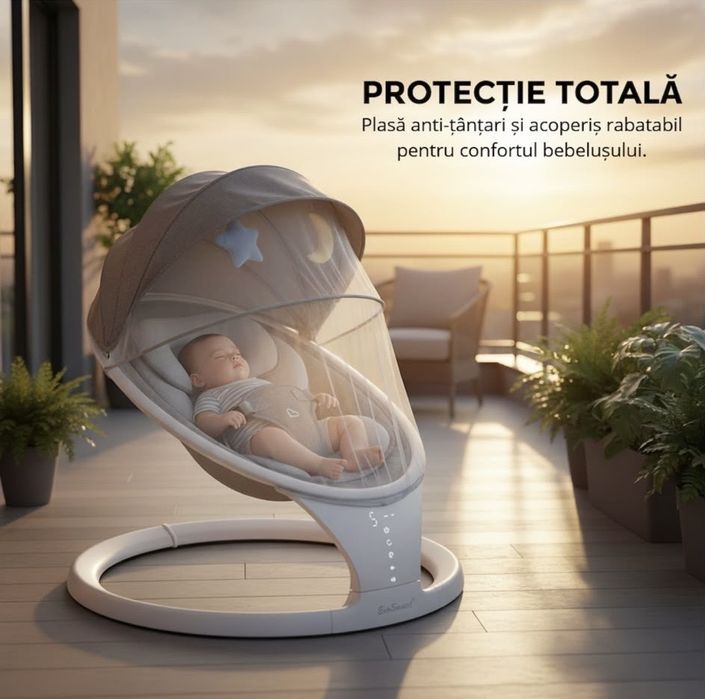 Leagan Electric EvoSmart™ SW, Multifunctional Pentru Bebelusi cu Acoperis Rabatabil Si Plasa Protectie Tantari, Conexiune Bluetooth, 5