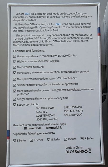 Професионален vLinker BM+ (BtLE) - Идеален за BimmerCode (за BMW) OBD2