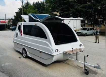 дом на колесах, катамаран, катер, домик плавучий, амфибия