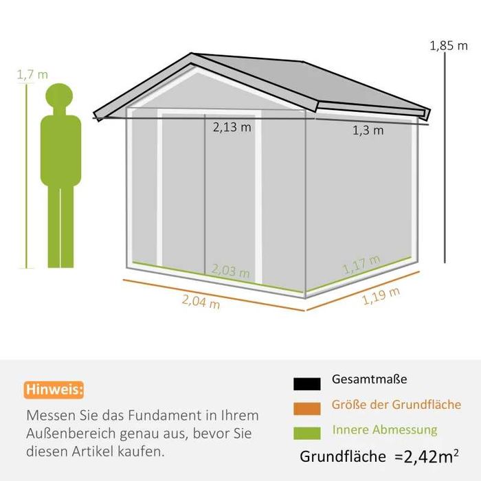 Градинска барака Outsunny с плъзгащи се врати 2.13 x 1.30 x 1.85 см