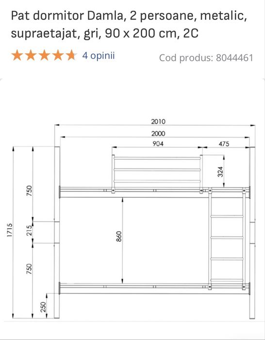 Vand pat supraetajat Damla metalic gri 90 x 200 cm