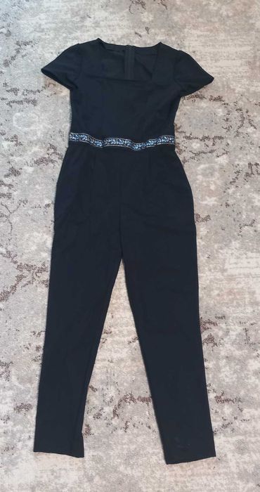 Black Elegant Jumpsuit with Embroidered Waist Detail