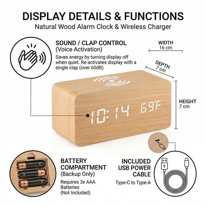 Încărcător Wireless 10W cu Ceas Digital Wyred by Monga Natur AC - Lemn