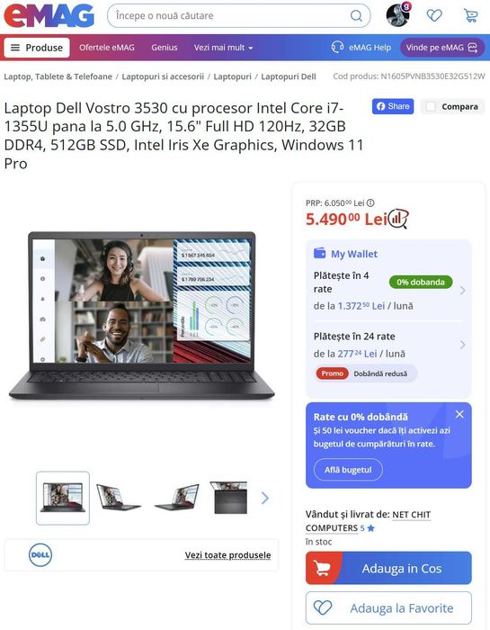 Laptop OFFICE 15" Dell INTEL i7-1355U, 32Gb DDR4, SSD 512Gb, iGPU UHD