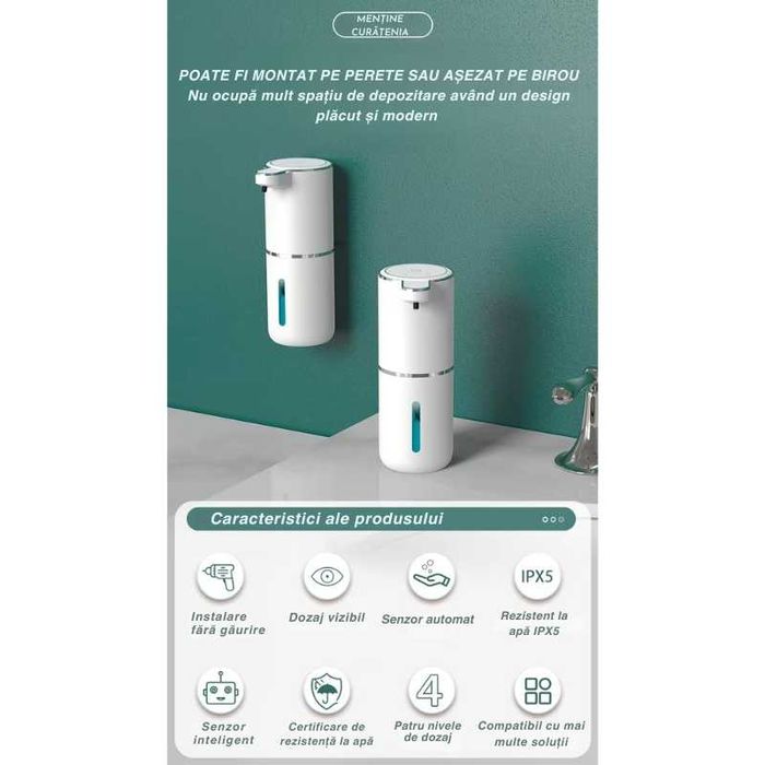 Dozator Automat Sapun, 4 Niveluri, LED, Senzor Miscare, USB-C, 380ml