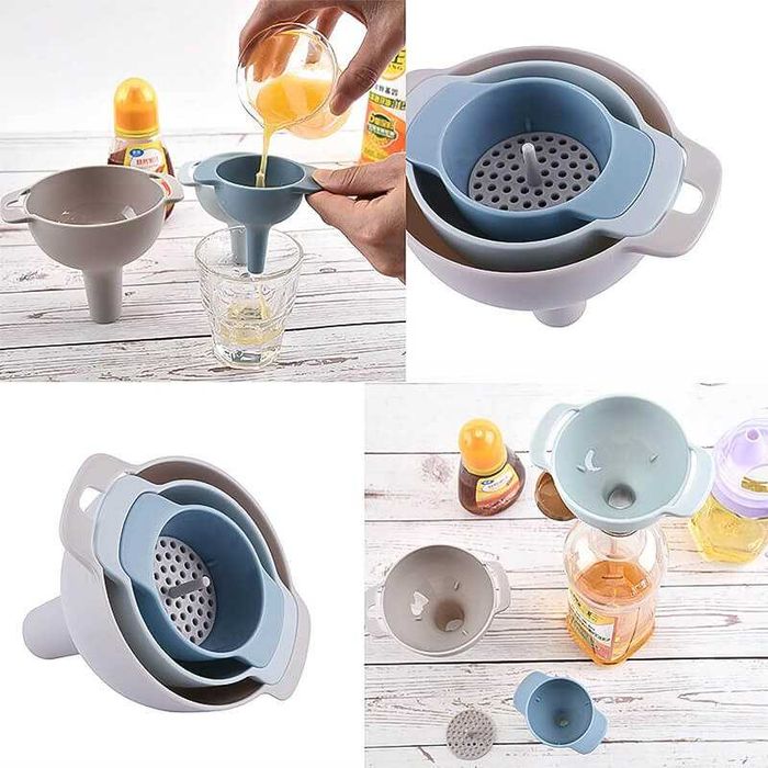 Комплект 3 фунии и 1 филтър за прецеждане, за течни и зърнести храни