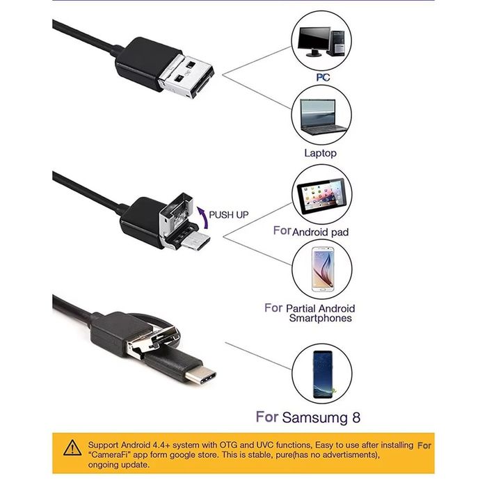 USB Type-C ulagichi bilan 3 tasi 1 ta endoskopli kamera, 7 mm