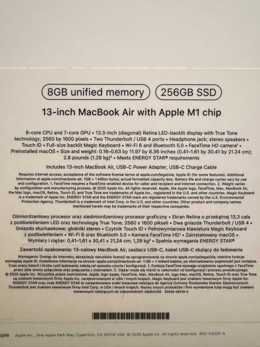 Лаптоп Apple Macbook Air M1 2020 13,3' - 256GB SSD - 8GB RAM - Silver