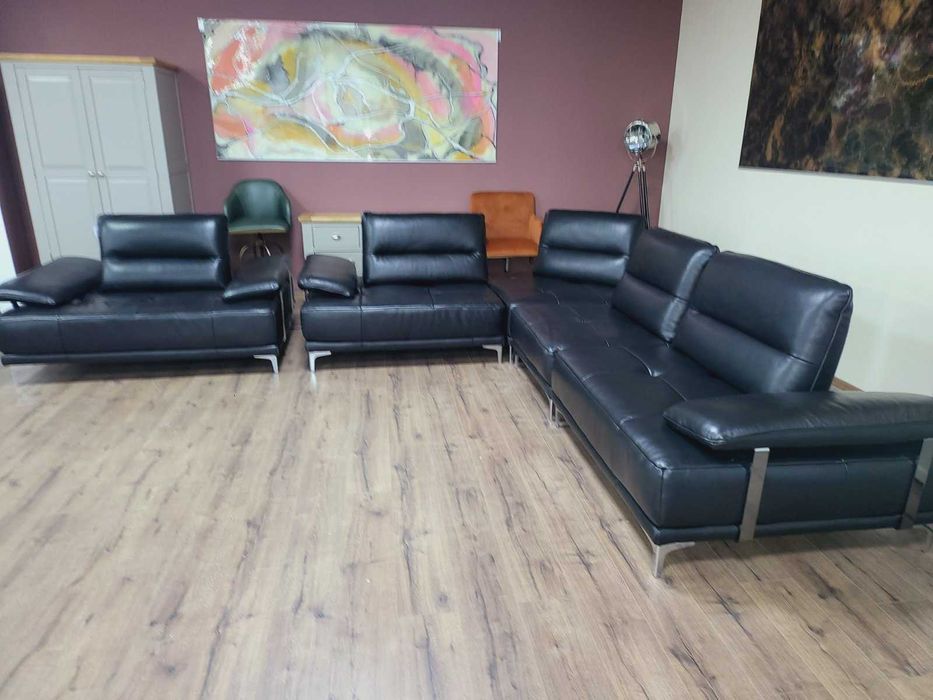 Черен кожен ъглов диван и фотьойл Artemis с ел. облегалки