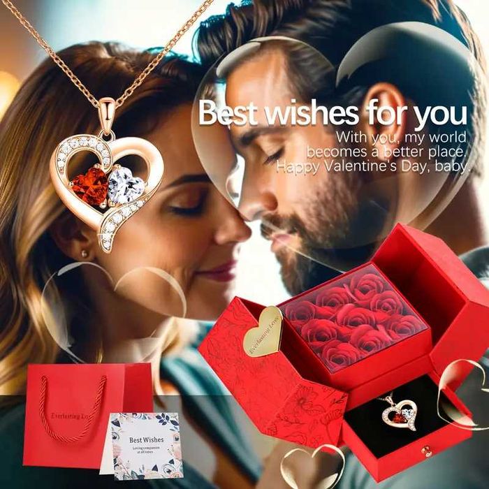 Златно колие с камъни Обичам те в луксозна кутия с рози Подарък 3 вида