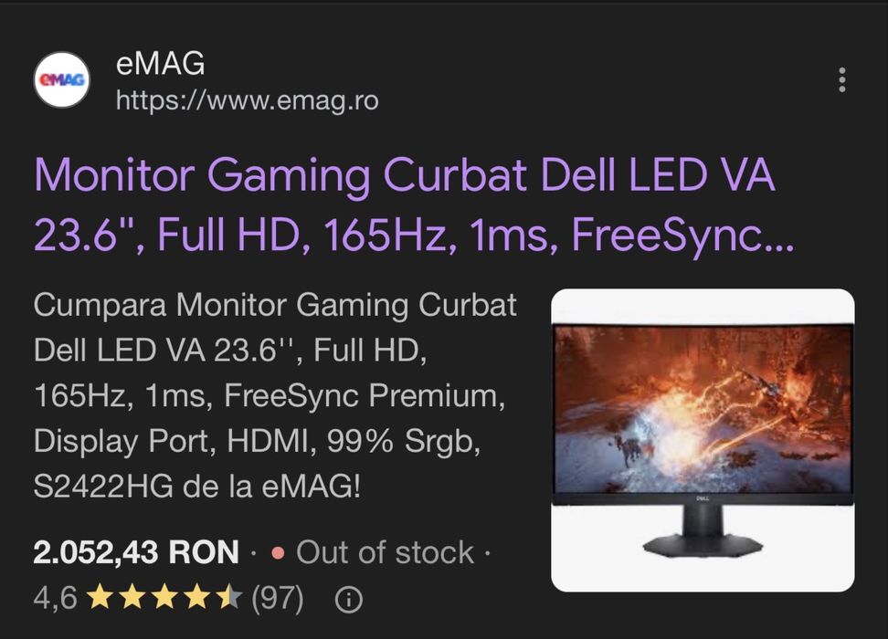 Monitor Gaming Curbat 165Hz, 24 inch,Nou,  Dell, OFERTA