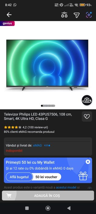 Vand Televizor Philips LED Smart 108cm 4k