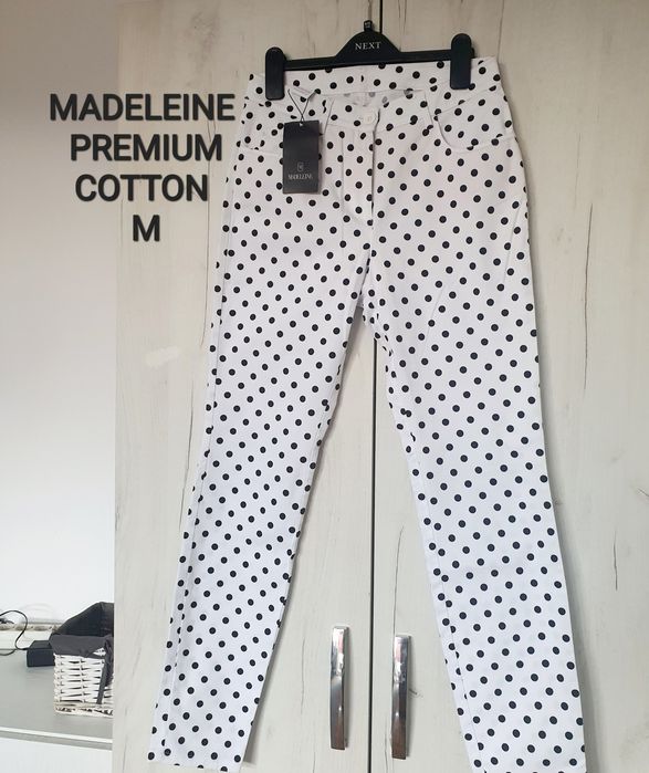 Pantaloni Madeleine M L skinny alb cu buline negre bumbac elastic noi etichetă vara vacanta casual
