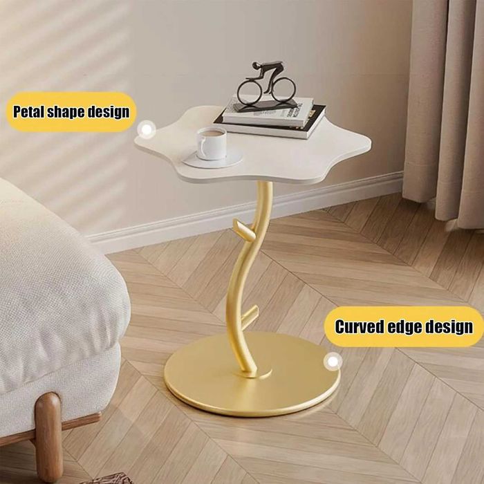 Masuta decorativa moderna, design petala, blat curbat, suport metalic