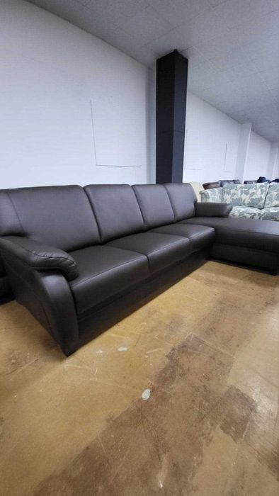 ПРОМОЦИЯ!!! Кафяв кожен ъглов диван с лежанка "TOULOUSE"