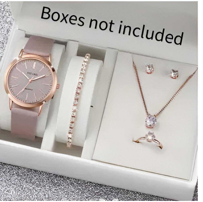 Нов нежен дамски комплект часовник, колие, гривна, обеци и пръстен