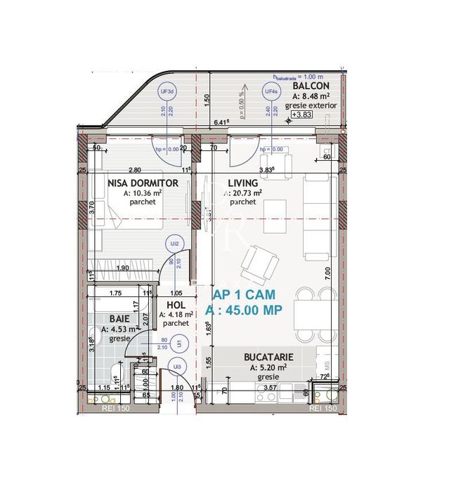 Apartament 2 camere, 45mp, terasa, LIFT, parcare, mobilat partial, str