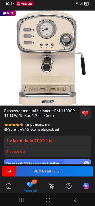 Espressor manual Heinner HEM-1100CR, 1100 W, 15 Bar, 1.25 L, Crem