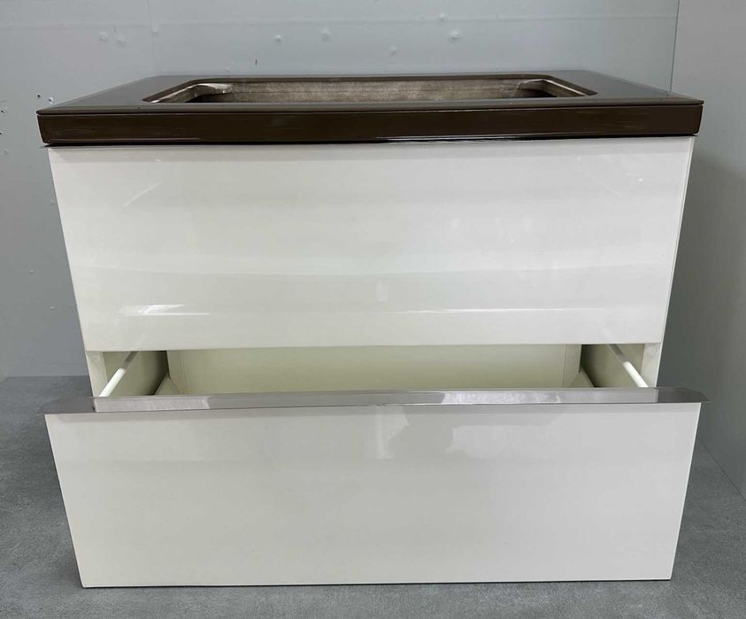 Бял лак шкаф за баня с 2 чекмеджета и плот