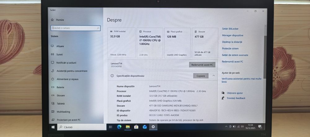 Laptop Lenovo ThinkPad T14_i7 10610U_32GB DDR4_SSD 512GB_5-6h Bateria