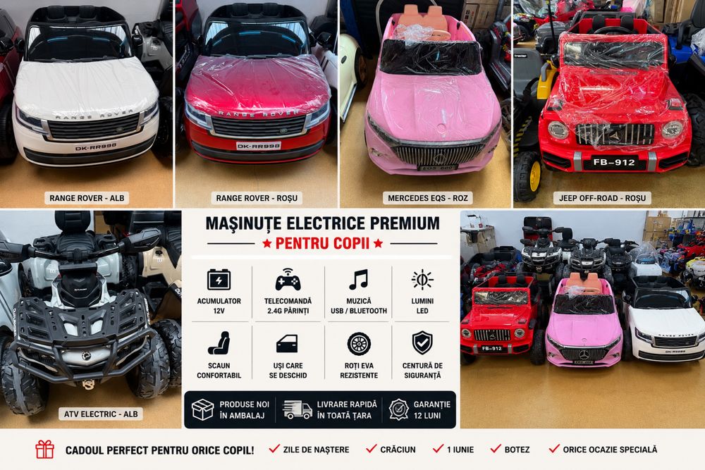 Mașinuță Electrică Copii Range Rover Mercedes Jeep ATV 12V Telecomandă Bluetooth Nouă
