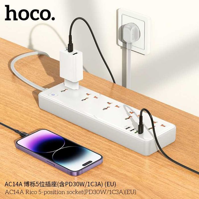 Hoco AC14A Rico Сетевой фильтр 5 розетками и USB-портами PD30W EU/GER