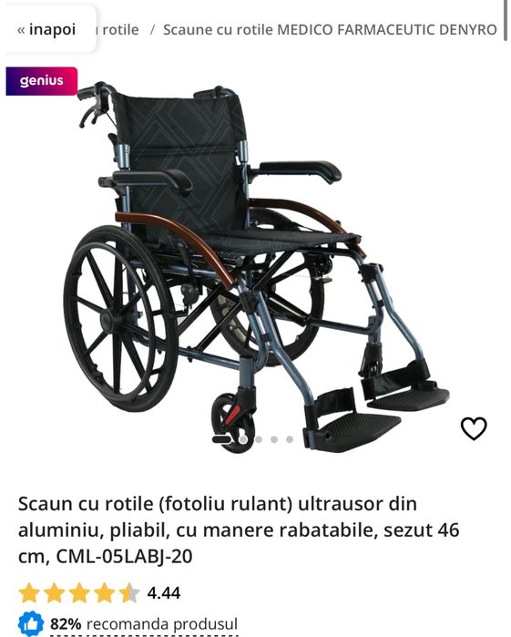 scaun cu rotile ultrausor din aluminiu, pliabil, manere rabatabile