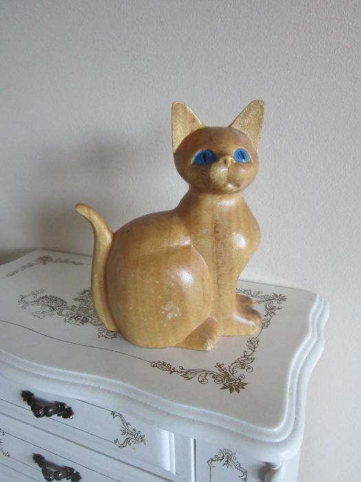 cadou inedit Pisica sculptura lemn Germania 1970