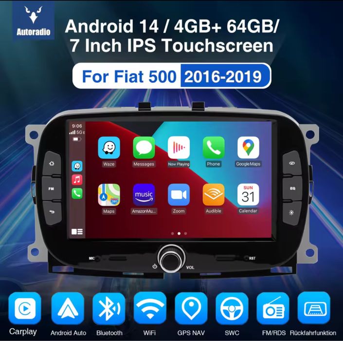 7" Fiat 500 16-19г Carplay android 14