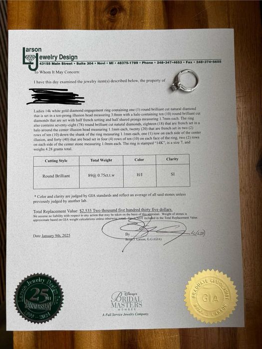 Inel aur alb „14K”, mărimea 7 , 4,28 grame total, 0,75 ct