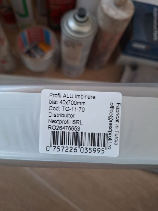 Profil aluminiu terminație blat și teu îmbinare de 70cm și 4cm gros