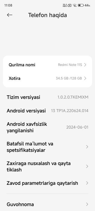 Redmi note 11s 128ga 8+8