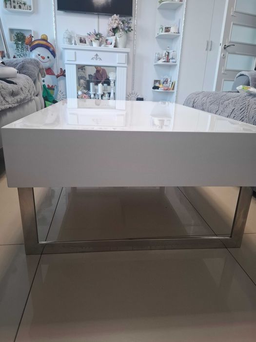 Masă cafea Mobexpert alb lucios cu sertar 100x60 – modernă, impecabilă