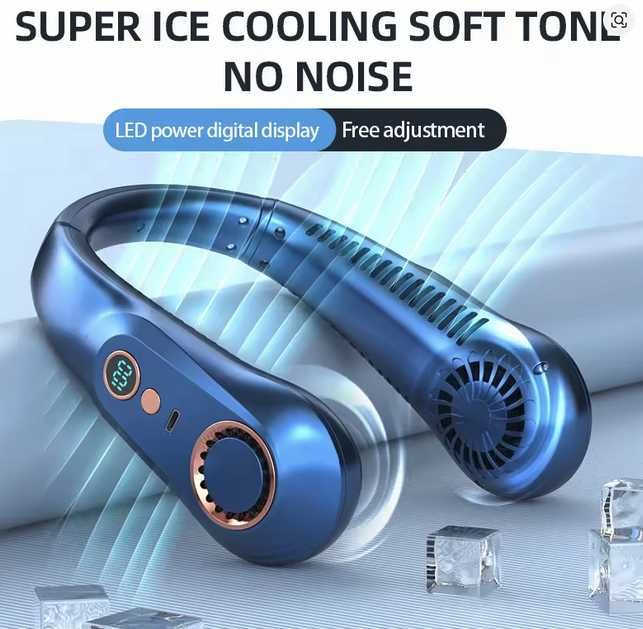 Ventilator A/C, portabil suspendat, design casti, fara palete, 5 viteze, albastru