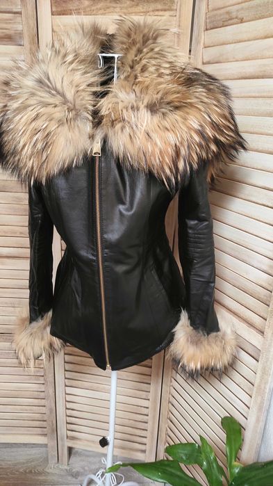 Палто естествена кожа  с естествен косъм